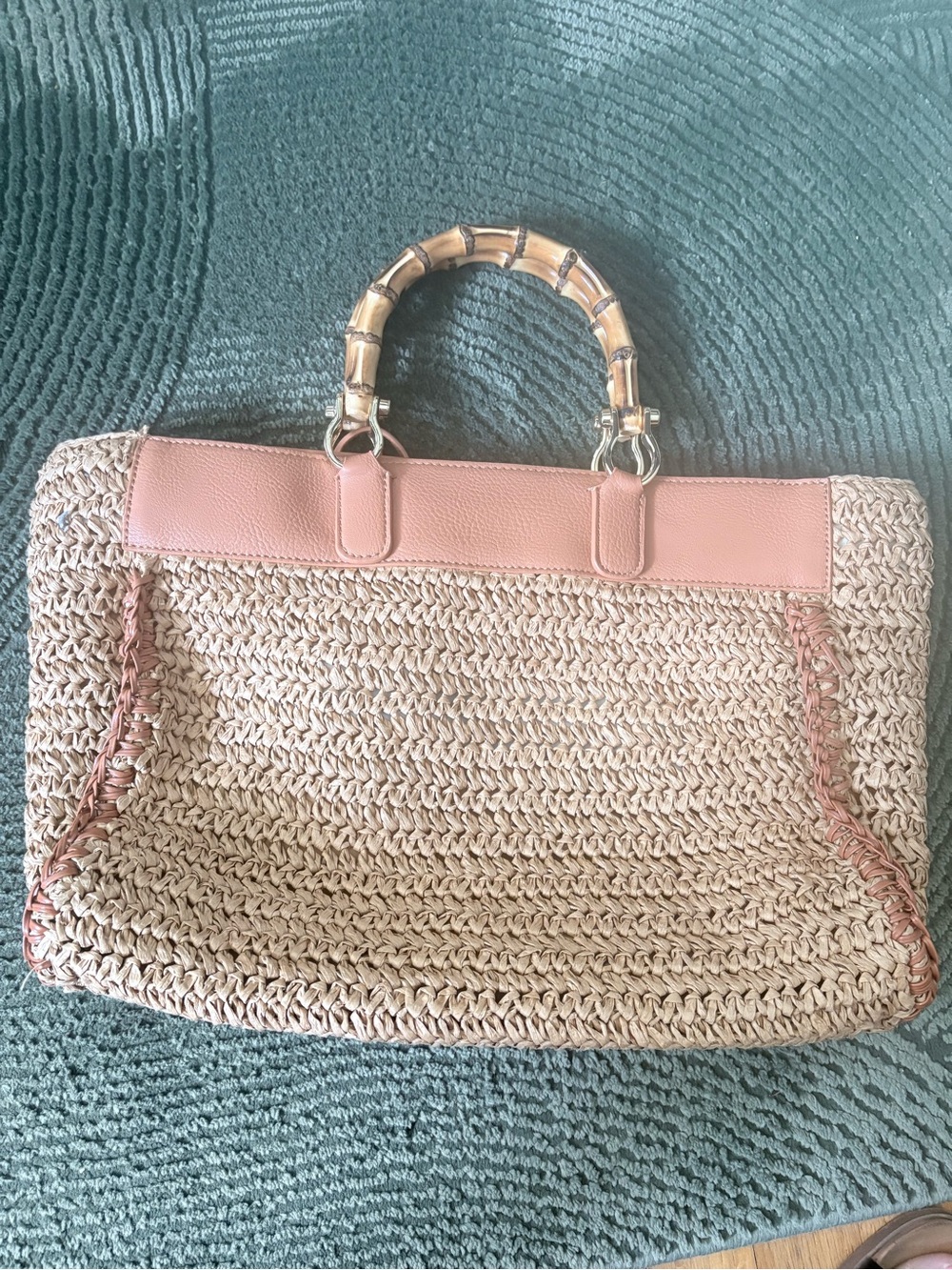 Lilly Pulitzer Natural Woven Tote with Tan Trim and Bamboo Handles
